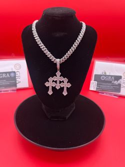 Moissanite VVS1 22” 8mm Cuban link with VVs Moissanite triple cross pendant