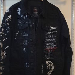 Jordan Craig Legacy Edition Denim  Distressed Graffiti Black Jeans Jacket Men's Size XL