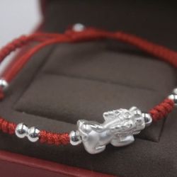 925 sterling silver pixiu with bead lucky knitted bracelet 15-16cm