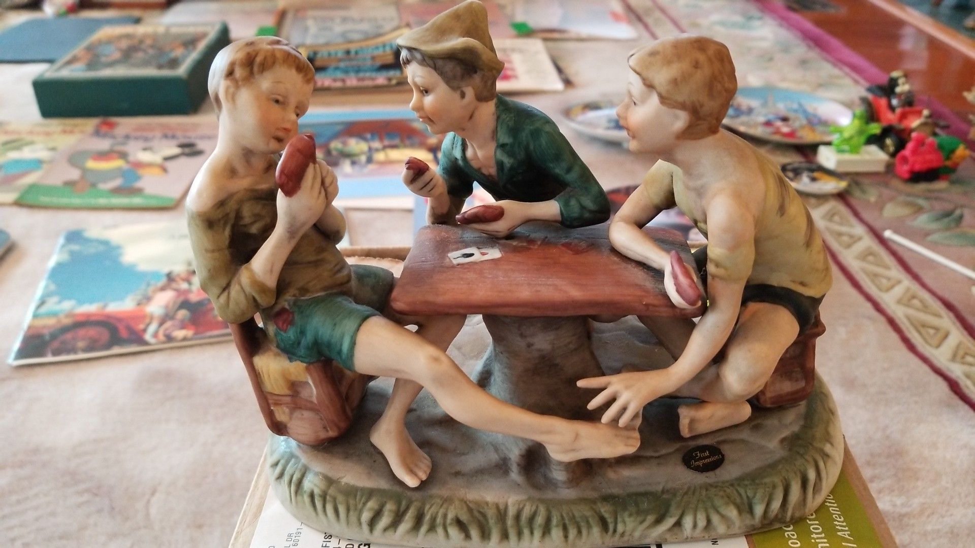 Vintage three boys playing cards porcelain figurine