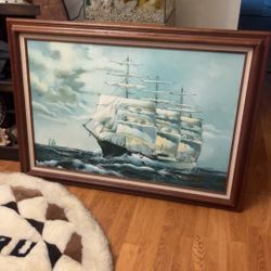 Vintage battle Ship oil painting signed by June Nelson
