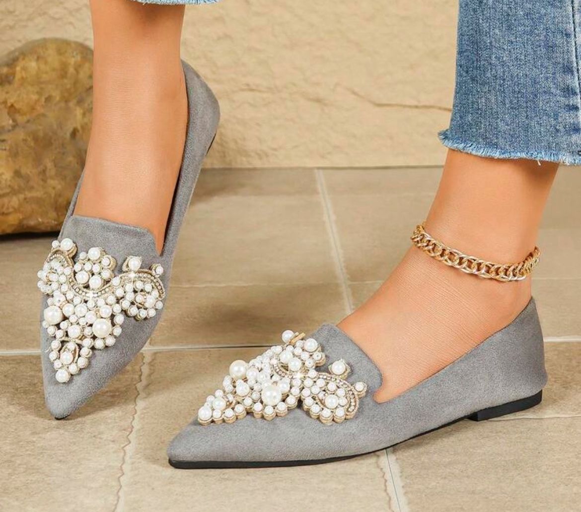 Women's Casual And Comfortable Flat Shoes For All Seasons, Pointed Toe Pearl Rhinestone Flat Shoes For Women,