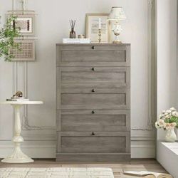 5 Drawer Bedroom Dresser, Modern Farmhouse Vertical Dresser Drawers Wood, Grey