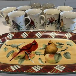 Lenox Fine Porcelain Cups Set Birds With Serving Tray
