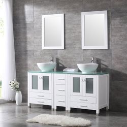 60" White Double Wood Bathroom Vanity Cabinet and Vessel Sink w/Mirror Combo Wash Basin