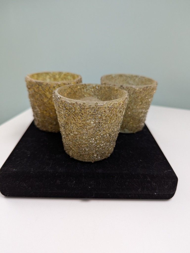 3 Golden Beaded Candle Holders