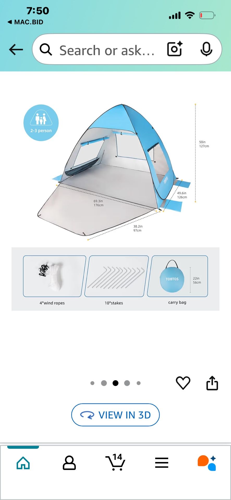 TOBTOS UPF 50+ Pop Up Beach Tent, Easy Set Up Beach Umbrella, Sun Shelter for 2-3 People UV Protection Portable Sunshade, Baby Canopy Cabana, Lightwei