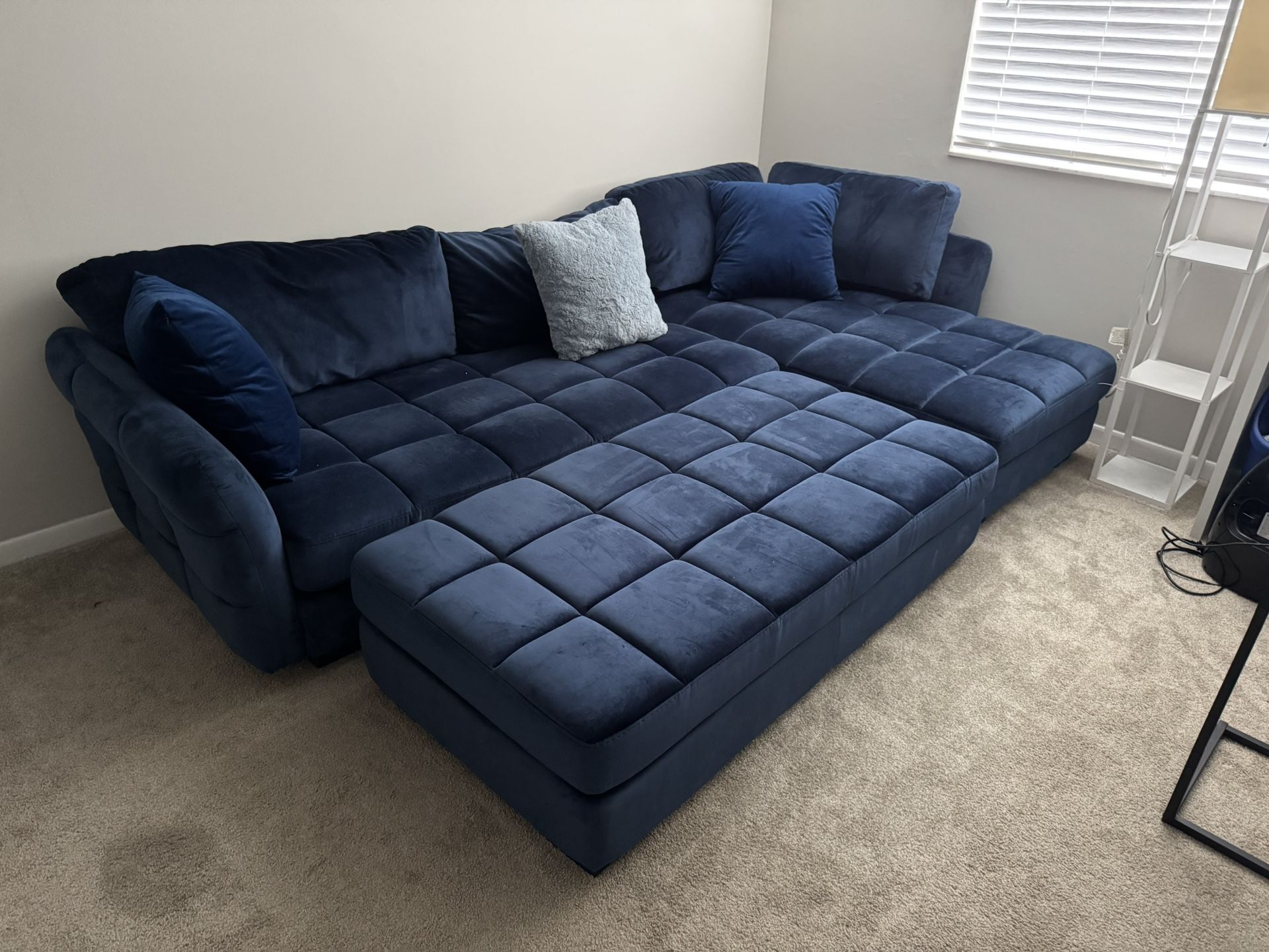 Rooms to Go 3 piece blue velvet sectional with ottoman
