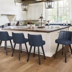 Paul 26 in. Blue Modern Faux Leather 360° Swivel High Back Barstool Solid Wood Counter Height stool