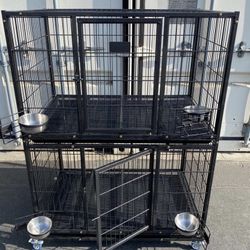 NEW!! 37” Two-Tier Heavy-Duty Dog Cage with Feeding Bowls (Kennel) (Crate)