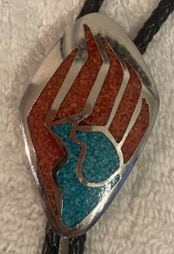 Vintage Metal Bolo Tie, Nice Red and Blue Crushed Turquoise Stones Design, Native, Nice Western Design, 2" x 1 1/4", Quality, Heavy Duty, Country & We