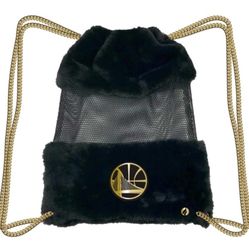 NWT [NBA] FISLL Golden State Warriors Black Faux Fur Sheer Mesh Drawstring Backpack