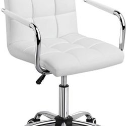 White Desk Chairs with Wheels/Armrests Modern PU Leather Office Chair Midback Adjustable Home Comput