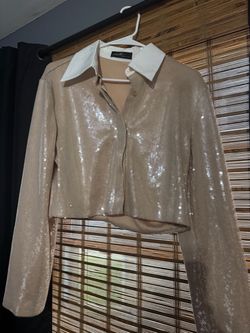 Champagne Sequin Cropped Button-Up Top