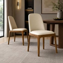 Set of 2 - Off-White / Ivory PU Leather Dining Chairs w/ Wood Frame [NEW]  (Retails for $500) <No Assembly Req> 