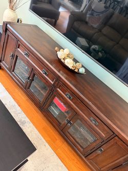 Large Dark Wood TV Console with Glass Doors