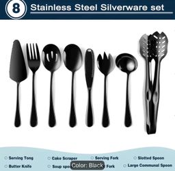 Brand new Black Serving Utensils, 8-Piece Polished Stainless Steel Flatware Silverware Set