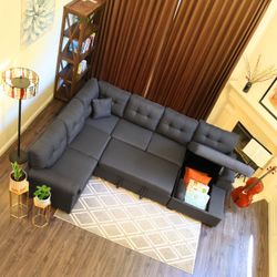 KaMic 118" 5-Seat Fabric U-Shaped Left Facing Sectional Sleeper Sofa Upholstery with Storage Chaise and Pull Out Sleeper