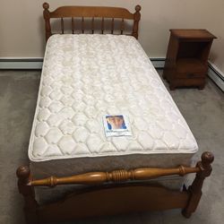 Twin Bed, Mattress, Box Spring, and Bedside Table
