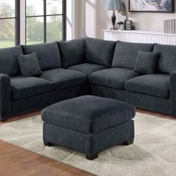 Black Corduroy Sectional Sofa With Ottoman 