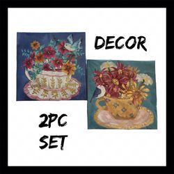 NIB 2Pc Bird/Floral/Cup Canvas Wall Art Set