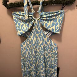 Green And Blue Fire Cut Out Mini Dress 