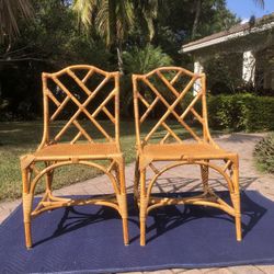 Antique Mid Century Organic Rattan Chippendale Chairs - A Pair