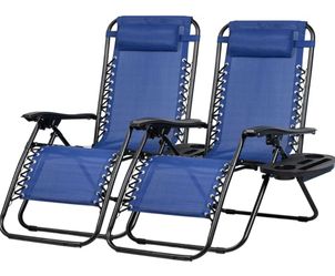 Set of 2 blue Relaxing Recliners Patio Chairs Adjustable with Pillow and Cup Holder
