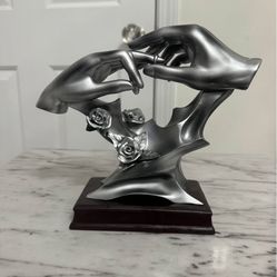 Luxury Silver Hand Sculpture on Premium Wood Base - Modern Romantic Art