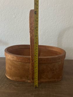 Carved Wooden Oval Basket with Handle