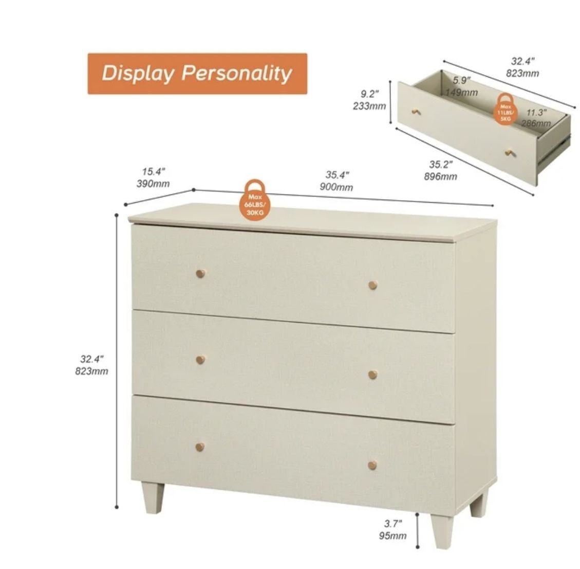 3-Drawer Dresser for Bedroom, Wood Bachelors Chest, 35.4 Inches Wide Chest of Drawer for Closet Organizer, Beige Faux Linen 