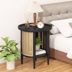 Round End Table Rattan Style Side Table with Solid Wood Legs, Boho Style Nightst