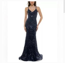 B Darlin Sequined Lace-Up Gown Navy
