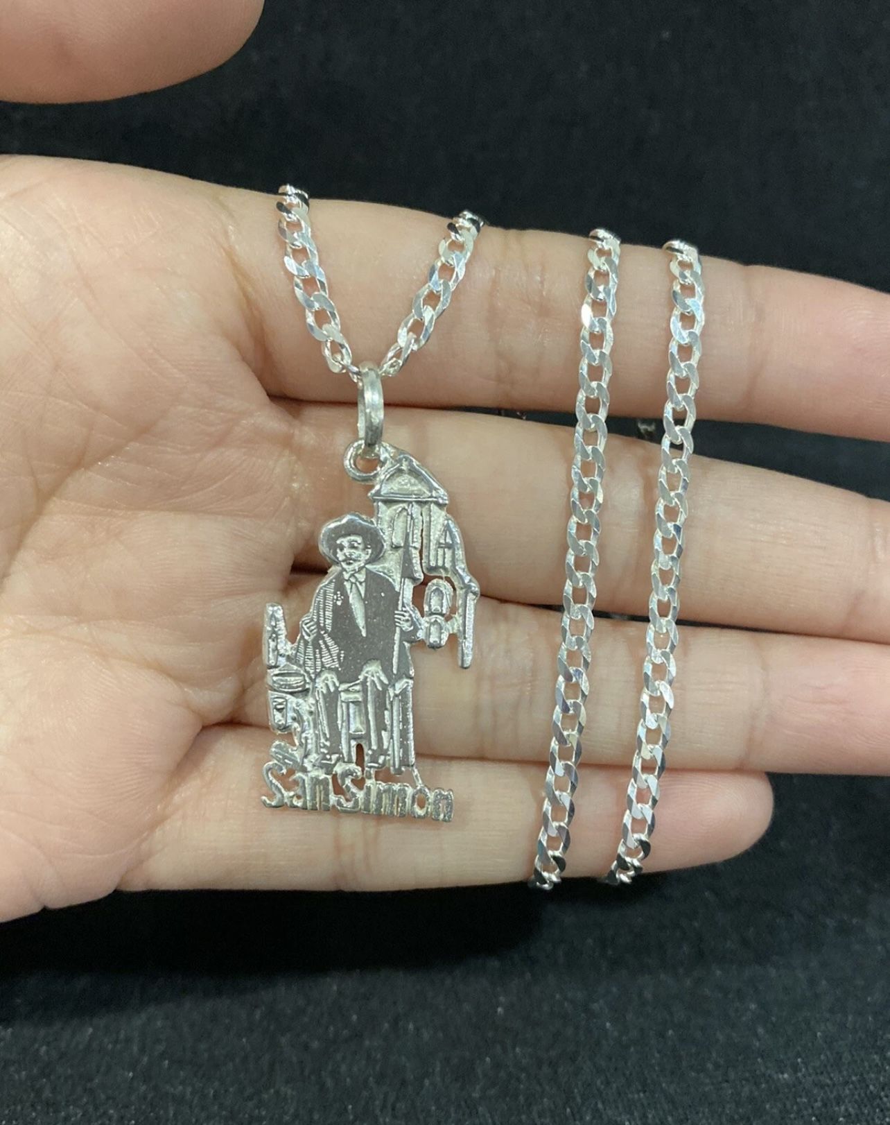 925 Sterling Silver Men Women SAN SIMON FOLK SAINT Pendant & Curb Chain