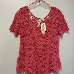 Women’s ADIVA 100% Cotton Crocheted, Salmon Color, Short Sleeve Pull Over Top With Attached Cami… Medium