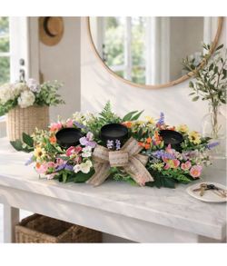 Summer Floral Candle Holder Centerpiece for Dining Table, 3 Candle Holders with Artificial Flowers, Farmhouse Rustic Table Decor for Dining Room, Mant
