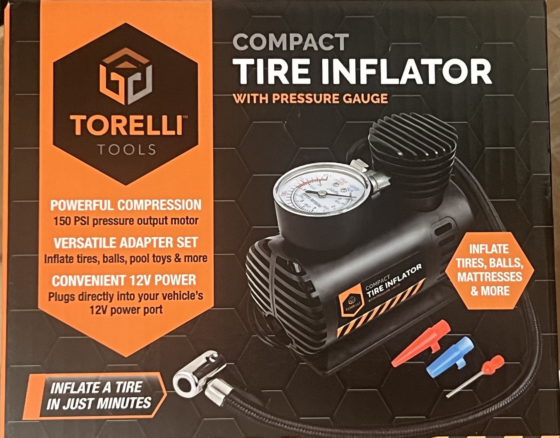 BRAND NEW IN BOX Torelli Compact Tire Inflator w/Pressure Gauge, 12 Volt Power