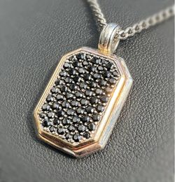 EFFY Jewelry .925 sterling silver 14k gold plated Cuban link chain necklace 22.00” Dog Tag Black Spinel stone 1.50CTW pendant charm