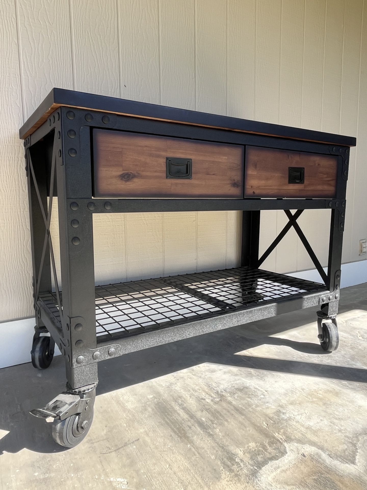 Industrial Heavy-Duty Rolling Workbench / Console Table – Solid Wood Top
