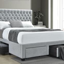 Brand New Tufted Light Grey Storage Bed