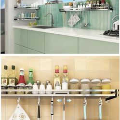 Spice Rack 304 Stainless Steel Kitchen Storage Wall Shelf 3 Hooks (Color : 20, Size : 40cm)