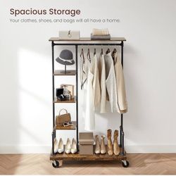 Clothes Rack, Clothing Garment Rack on Wheels, Rolling Clothes Organizer with 5-Tier, Industrial Pipe Style, Rustic Brown UHSR66BX
