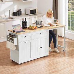Kitchen Islands with Extendable Dining Table, 81.7" Mobile Kitchen Storage Islands, Rolling Kitchen Cart with Trash Cabinet, Power Outlet, Spice Rack 