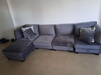Gray Velvet L-Shaped Sectional Sofa with Ottoman