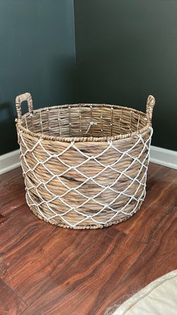 Large Woven Basket with White Rope Detail