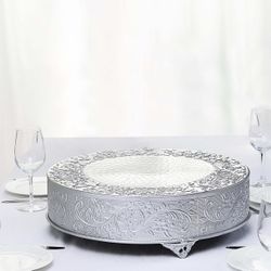 Metal Round Cake Pedestal Stand 18" Silver with Embossed Design - Matte Cupcake Display Riser Centerpiece Dessert Tray