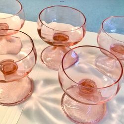 Set Of 5 1930s Light Pink Champagne Dessert Coupe Glasses Swirl Base Sorbet Cups 