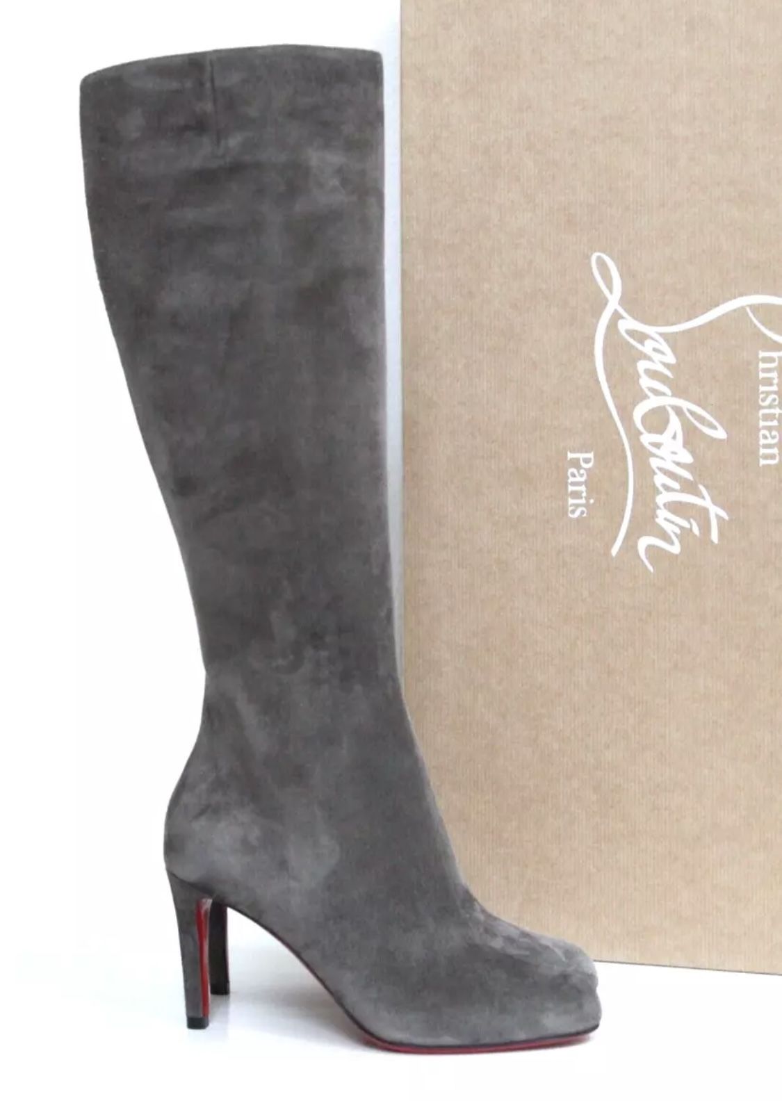 CHRISTIAN LOUBOUTIN PUMPPIE BOTTA 85 KNEE-HIGH HEELED BOOTS GREY SUEDE SZ 39 NEW
