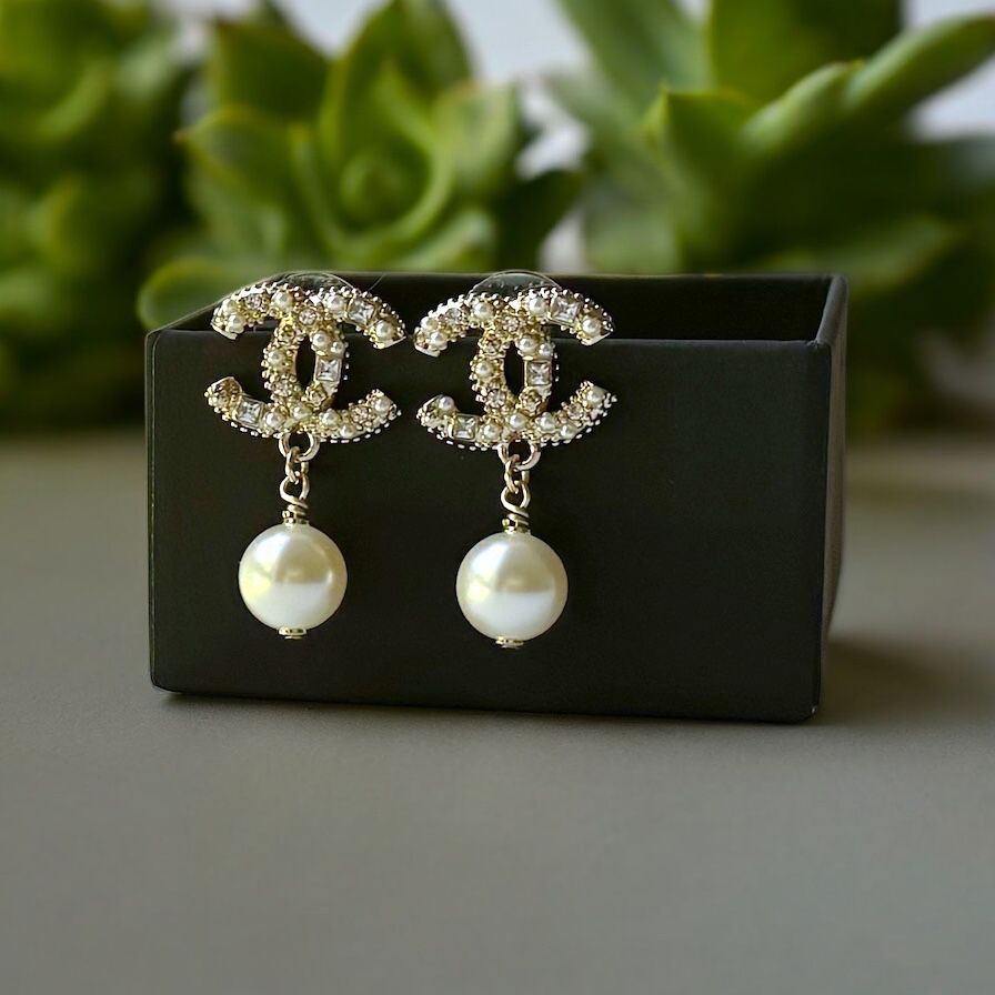 Chanel CC Gold Encrusted Crystals Pearl Dangle Earrings 