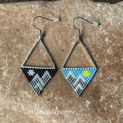 Mountain Day And Night Triangle Beaded Earrings, New, Handmade By Me